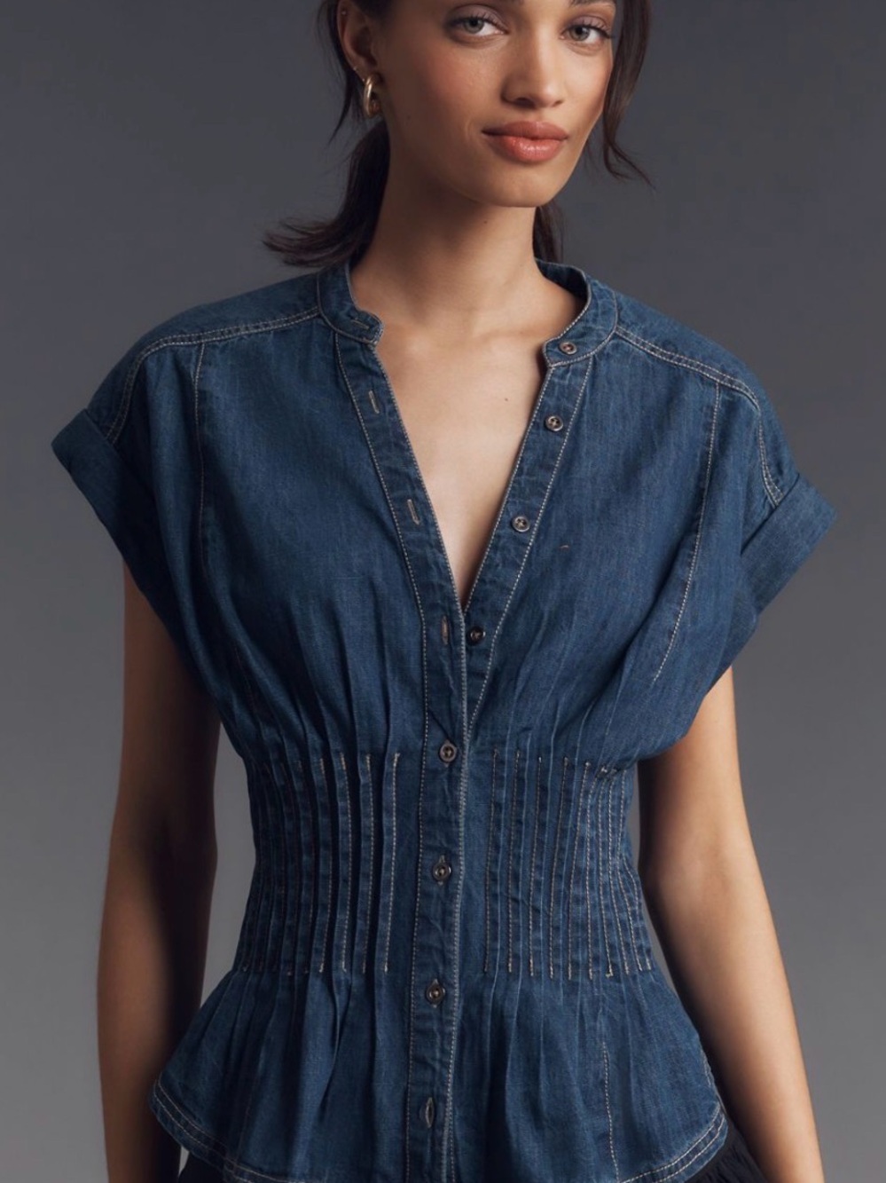 NWT Anthropologie Pilcro Linden Blue Denim Button-Front Pintuck Waist Blouse - Picture 9 of 9